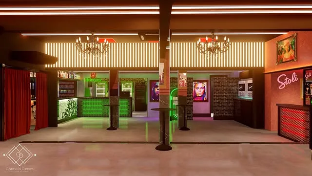 Salão do bar com colunas vermelhas, lustres, painel ripado retroiluminado e balcão em néon verde