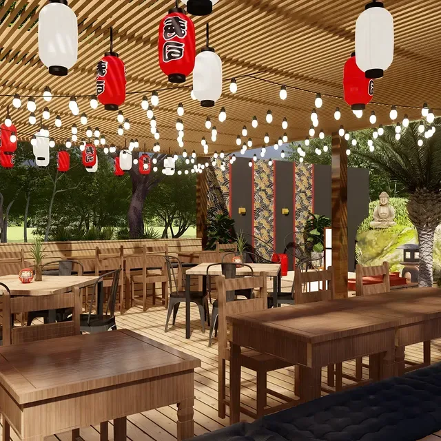 Deck externo do Issho com mesas de madeira, lanternas suspensas e vegetação tropical