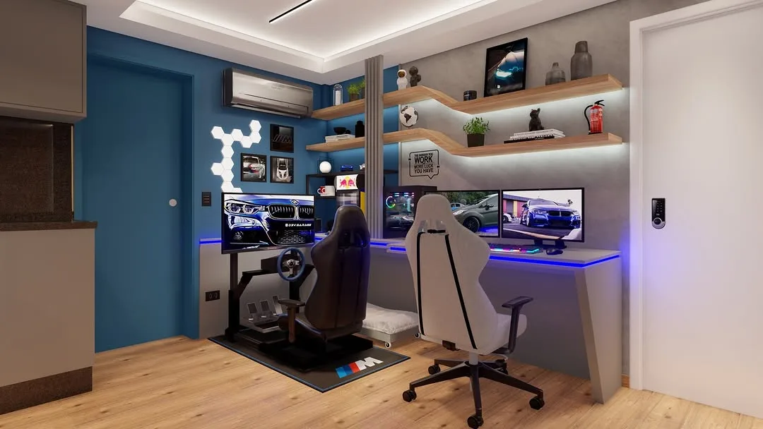 Bancada de trabalho com iluminação linear azul e nichos de coleção